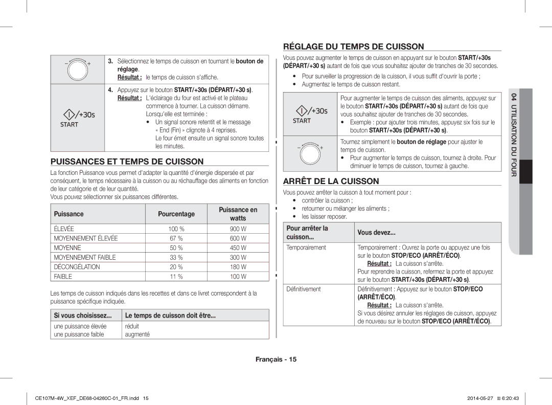 Samsung CE107M-4W/XEF, CE107MT-4B/XEF Puissances ET Temps DE Cuisson, Réglage DU Temps DE Cuisson, Arrêt DE LA Cuisson 