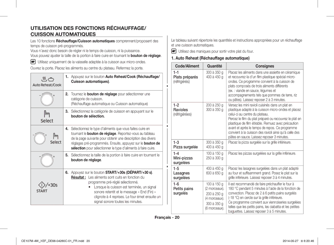 Samsung CE107MT-4B/XEF, CE107M-4W/XEF manual Utilisation DES Fonctions RÉCHAUFFAGE/ Cuisson Automatiques 