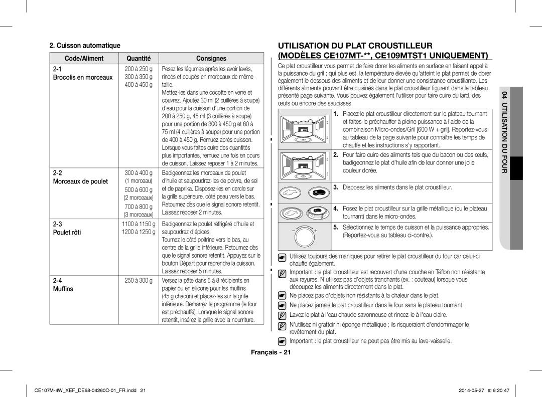 Samsung CE107M-4W/XEF, CE107MT-4B/XEF manual Code/Aliment Quantité Consignes 