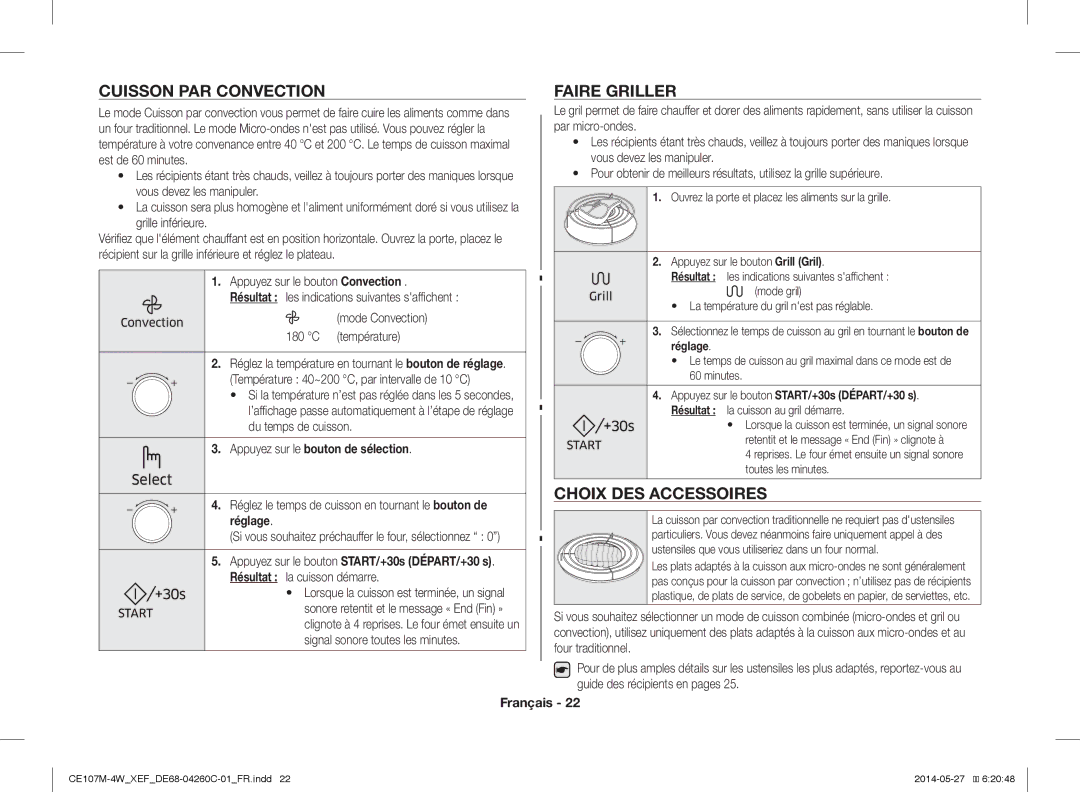 Samsung CE107MT-4B/XEF, CE107M-4W/XEF manual Cuisson PAR Convection, Faire Griller, Choix DES Accessoires 