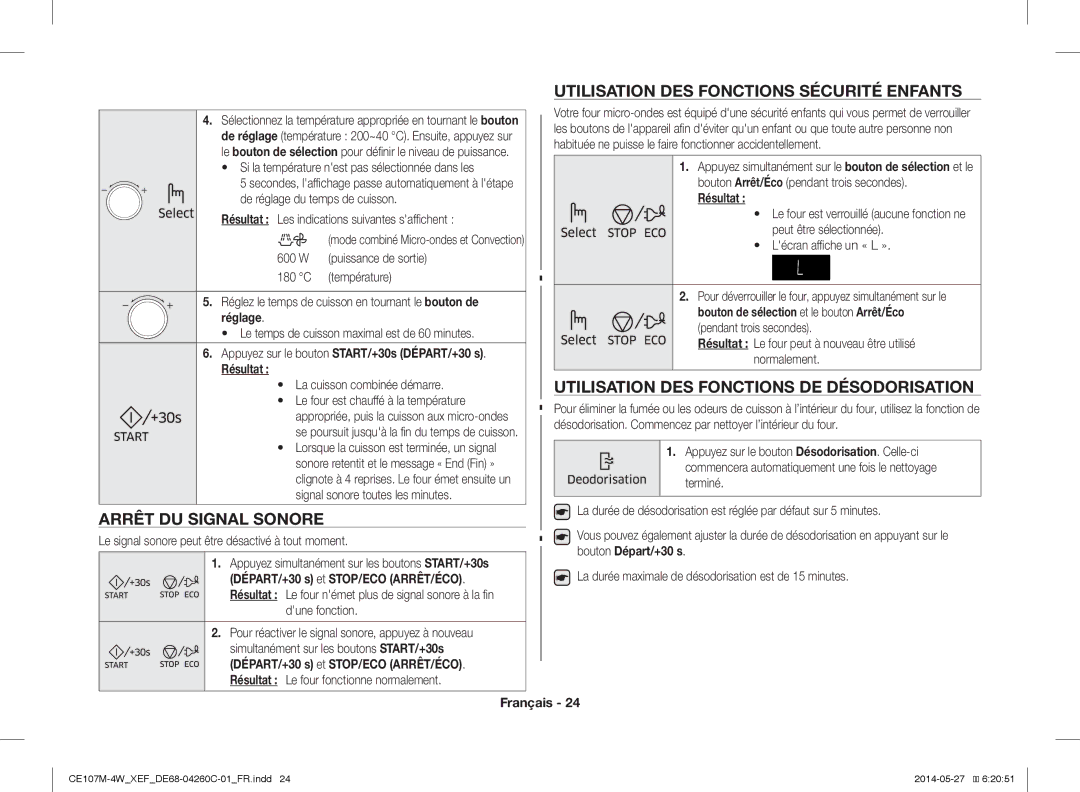 Samsung CE107MT-4B/XEF, CE107M-4W/XEF manual Arrêt DU Signal Sonore, Utilisation DES Fonctions Sécurité Enfants 