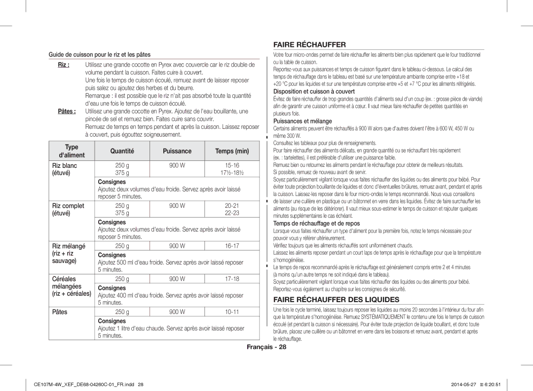 Samsung CE107MT-4B/XEF, CE107M-4W/XEF manual Faire Réchauffer DES Liquides, Type Quantité Puissance Temps min Daliment 