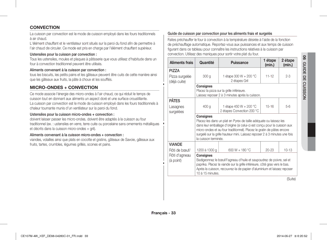 Samsung CE107M-4W/XEF, CE107MT-4B/XEF manual MICRO-ONDES + Convection 