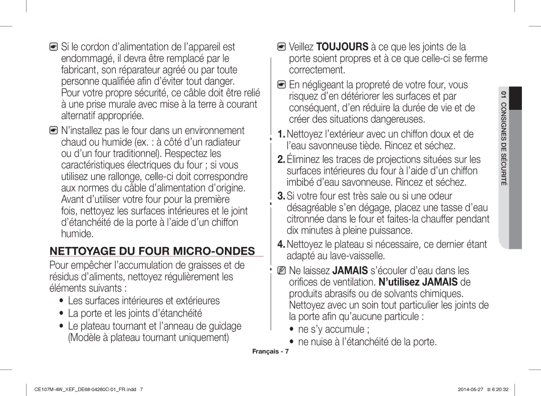 Samsung CE107M-4W/XEF, CE107MT-4B/XEF manual Nettoyage DU Four MICRO-ONDES 