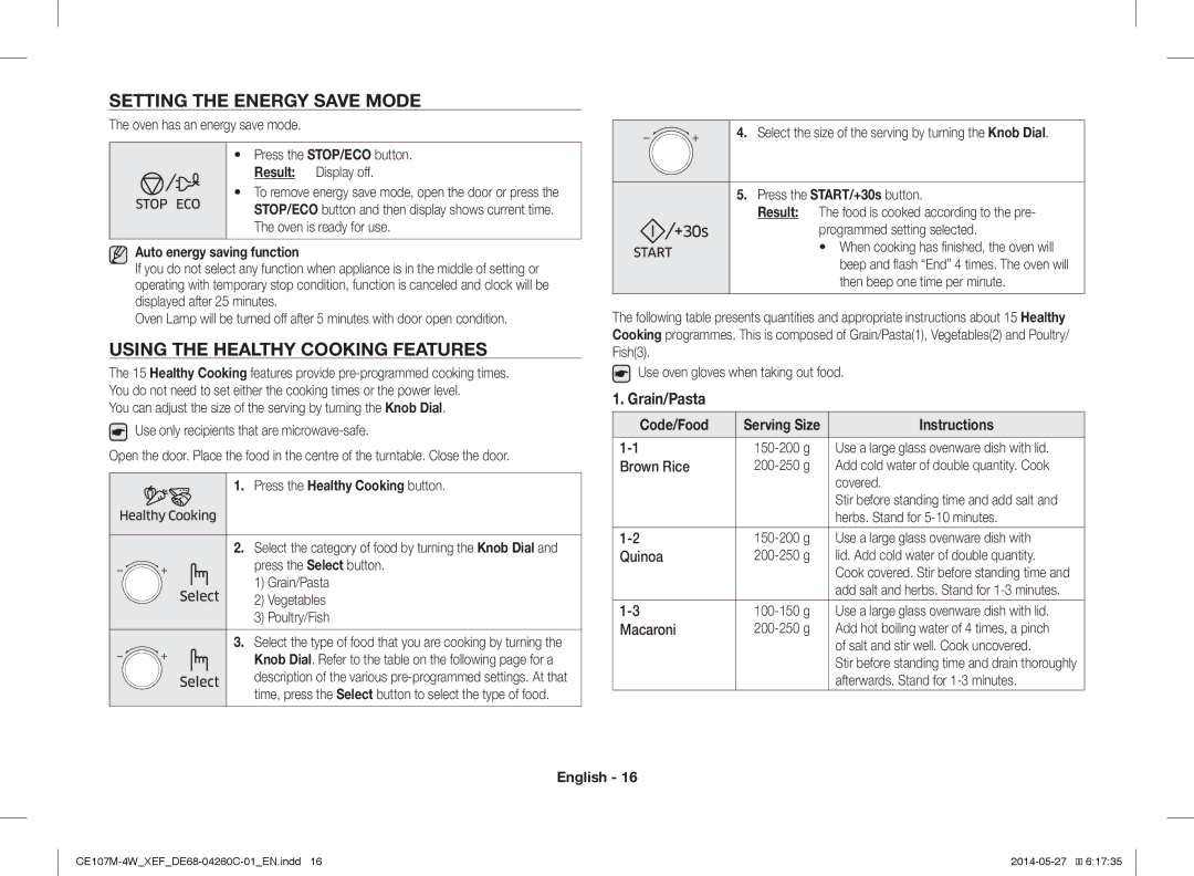 Samsung CE107MT-4B/XEF manual Setting the Energy Save Mode, Using the Healthy Cooking Features, Auto energy saving function 