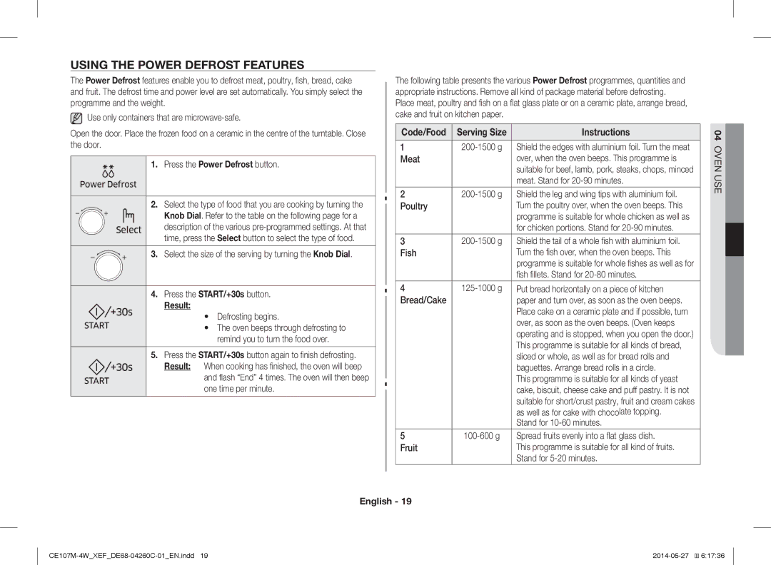 Samsung CE107M-4W/XEF manual Using the Power Defrost Features, Press the Power Defrost button, Code/Food Serving Size 