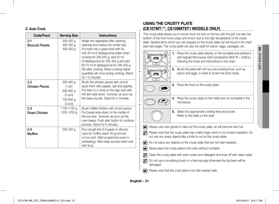 Samsung CE107M-4W/XEF, CE107MT-4B/XEF manual Using the Crusty Plate CE107MT-**, CE109MTST1 Models only 