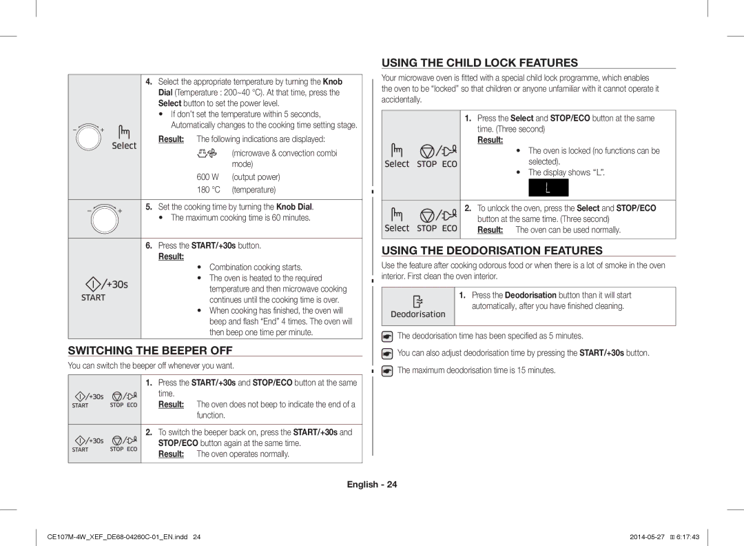 Samsung CE107MT-4B/XEF manual Switching the Beeper OFF, Using the Child Lock Features, Using the Deodorisation Features 