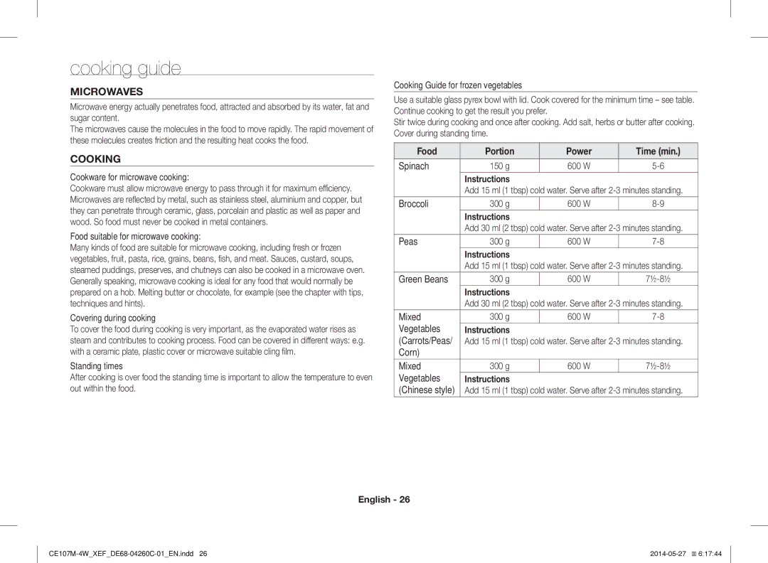 Samsung CE107MT-4B/XEF, CE107M-4W/XEF manual Cooking guide, Microwaves, Food Portion Power Time min 