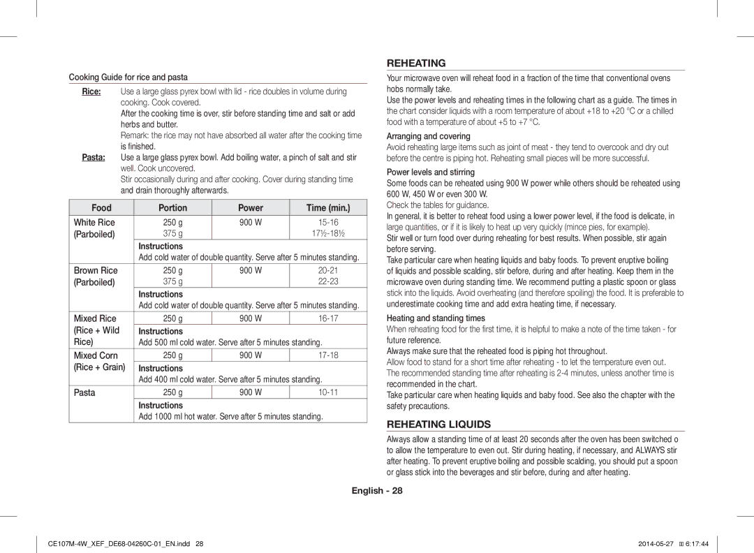 Samsung CE107MT-4B/XEF, CE107M-4W/XEF manual Reheating Liquids 