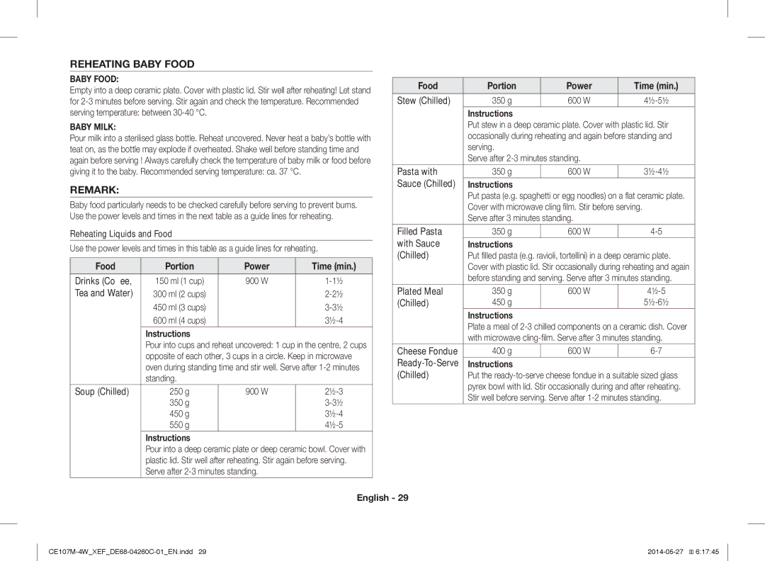 Samsung CE107M-4W/XEF, CE107MT-4B/XEF manual Reheating Baby Food, Remark 