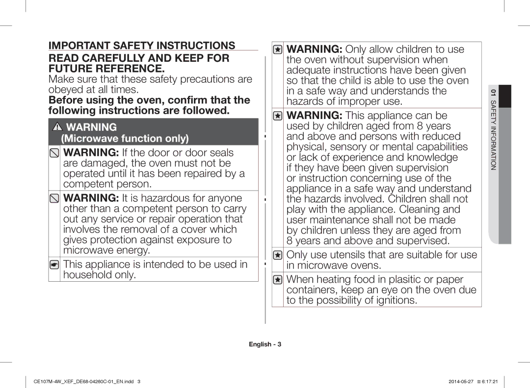 Samsung CE107M-4W/XEF, CE107MT-4B/XEF manual Read Carefully and Keep for Future Reference 