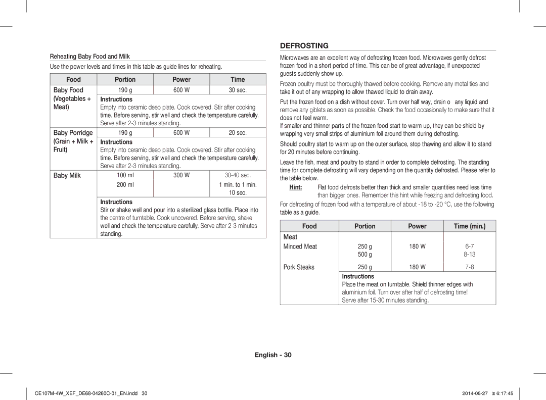 Samsung CE107MT-4B/XEF, CE107M-4W/XEF manual Defrosting, Food Portion Power Time 