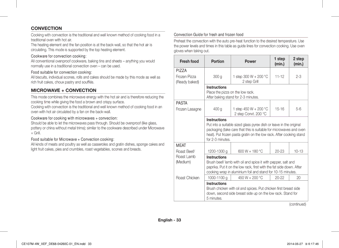 Samsung CE107M-4W/XEF, CE107MT-4B/XEF manual Microwave + Convection, Fresh food Portion Power Step 