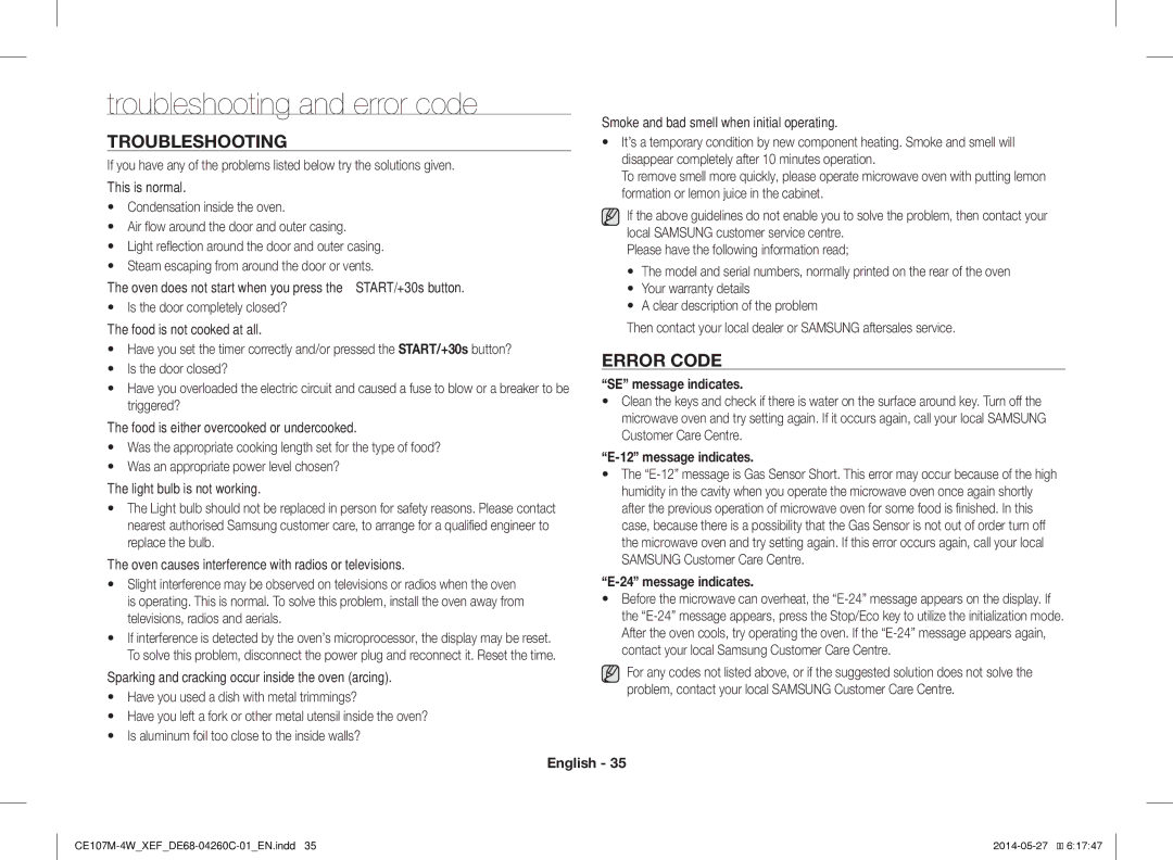 Samsung CE107M-4W/XEF, CE107MT-4B/XEF Troubleshooting and error code, Error Code, SE message indicates, Message indicates 