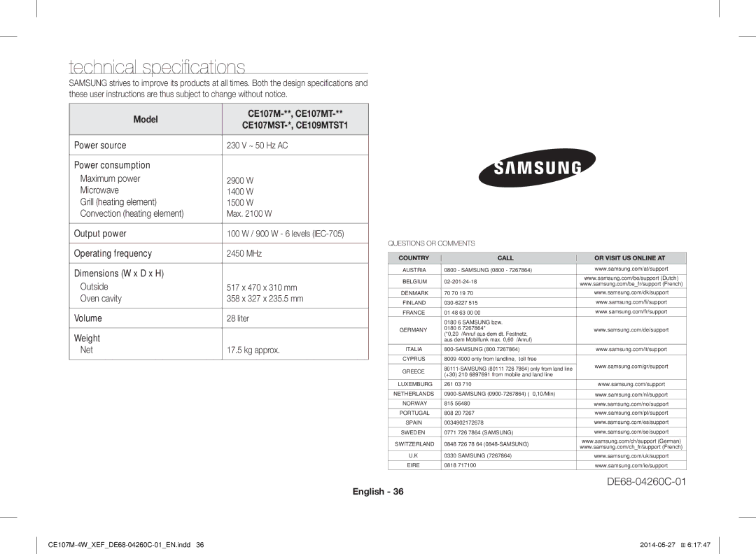 Samsung CE107MT-4B/XEF, CE107M-4W/XEF manual Technical specifications, Model CE107M-**, CE107MT 