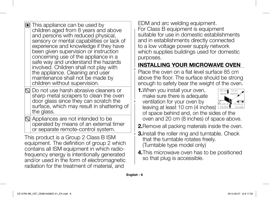 Samsung CE107MT-4B/XEF, CE107M-4W/XEF manual Installing Your Microwave Oven 