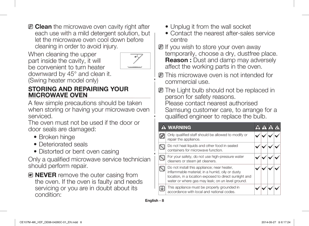 Samsung CE107MT-4B/XEF, CE107M-4W/XEF manual Storing and Repairing Your Microwave Oven 