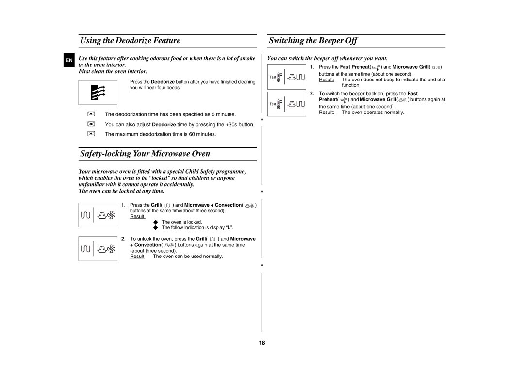 Samsung CE107MTST/ELE manual Using the Deodorize Feature Switching the Beeper Off, Safety-locking Your Microwave Oven 