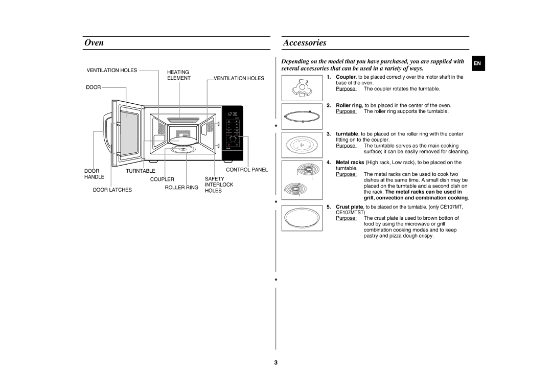 Samsung CE107MTST/ELE manual Oven, Accessories 