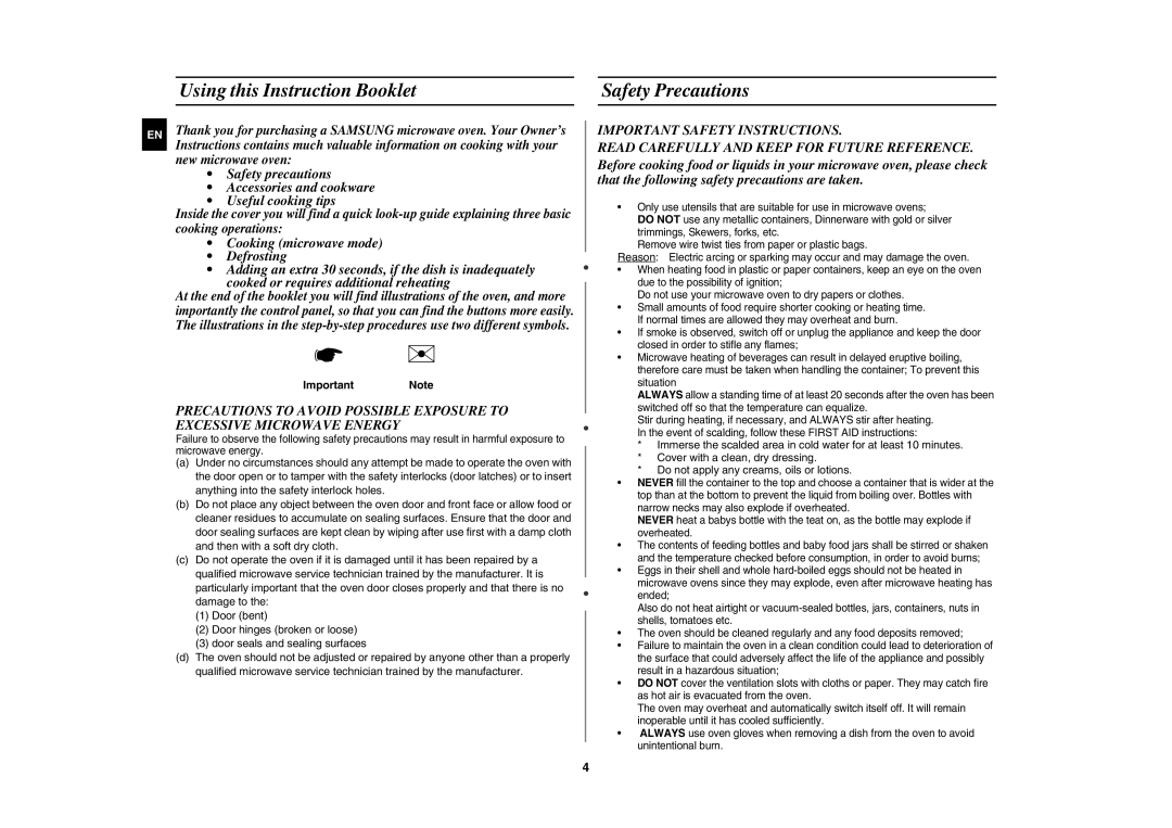 Samsung CE107MTST/ELE manual Using this Instruction Booklet Safety Precautions, Important Note 