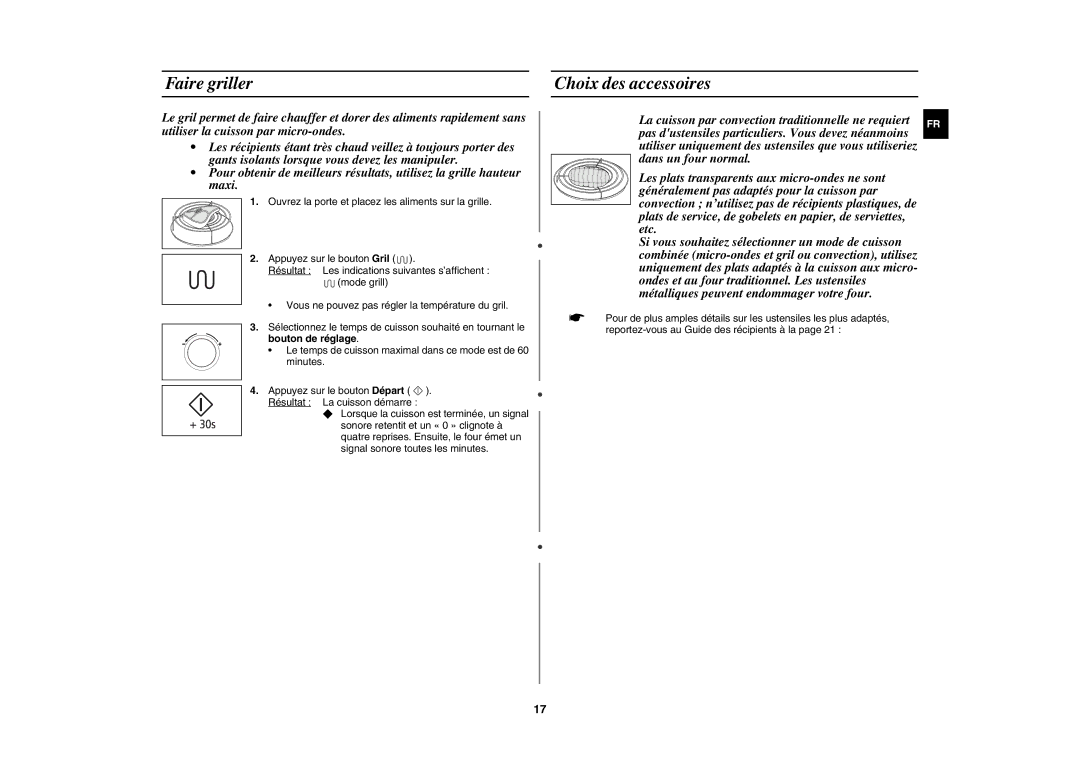 Samsung CE107MTST/XEF manual Faire griller, Choix des accessoires 