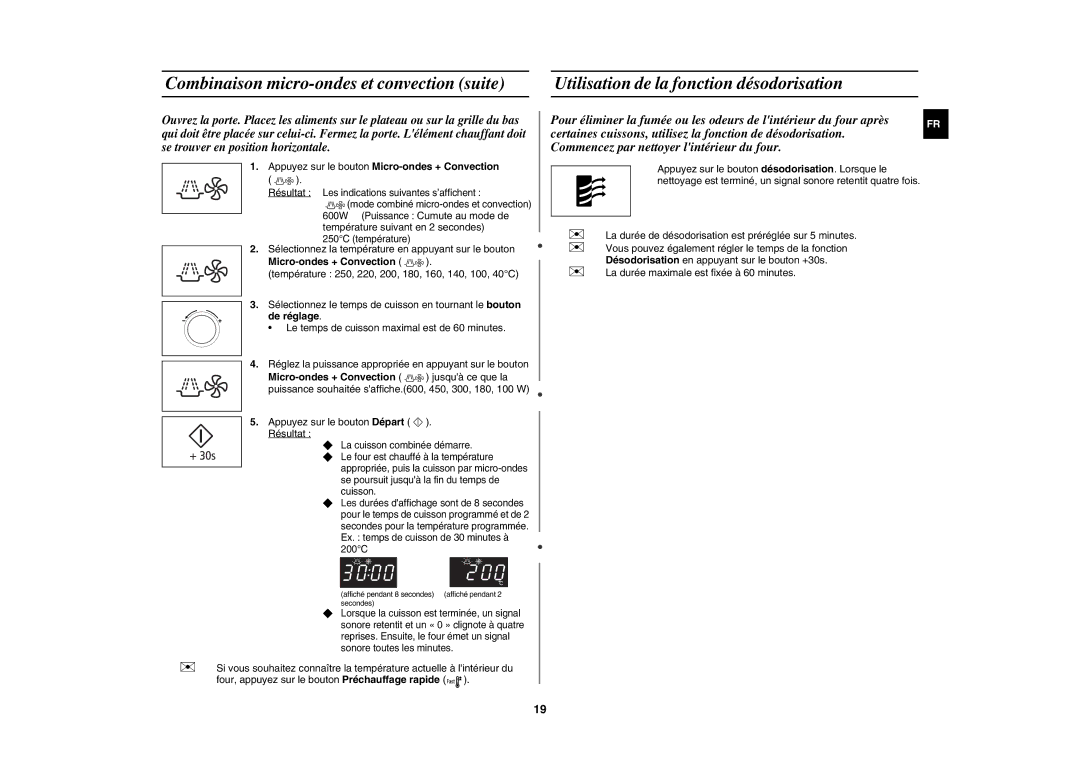 Samsung CE107MTST/XEF manual Appuyez sur le bouton Micro-ondes + Convection,  La durée maximale est fixée à 60 minutes 