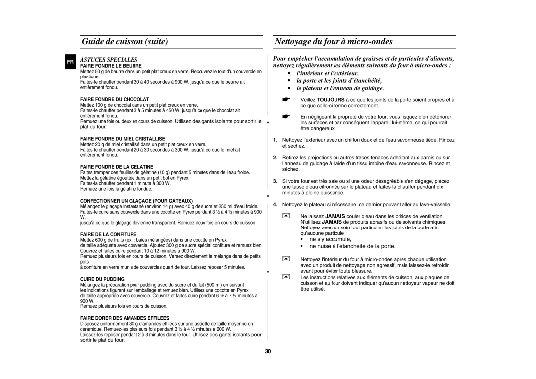 Samsung CE107MTST/XEF manual Guide de cuisson suite Nettoyage du four à micro-ondes, Astuces Speciales 