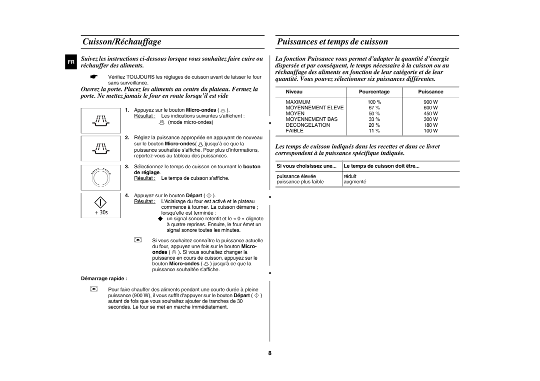 Samsung CE107MTST/XEF manual Cuisson/Réchauffage, Puissances et temps de cuisson 