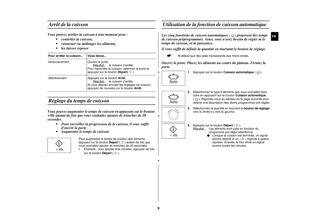 Samsung CE107MTST/XEF Arrêt de la cuisson, Réglage du temps de cuisson, Utilisation de la fonction de cuisson automatique 