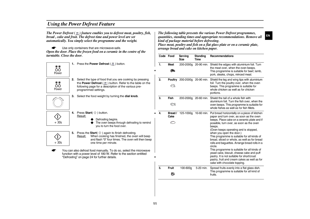 Samsung CE107MTST/XEU manual Using the Power Defrost Feature,  Use only containers that are microwave-safe 