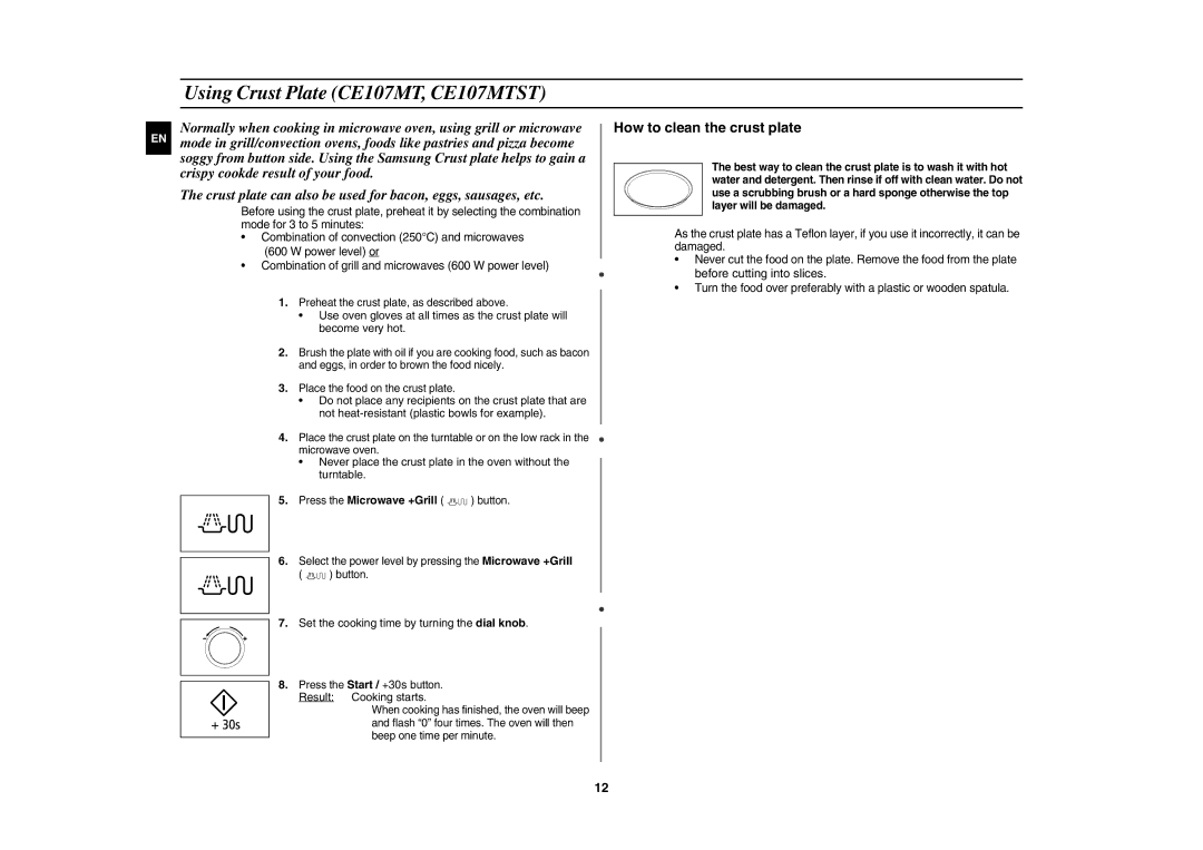 Samsung CE107MTST/XEU manual Using Crust Plate CE107MT, CE107MTST, How to clean the crust plate 