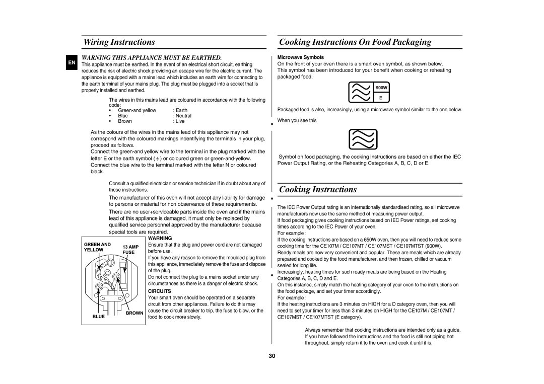 Samsung CE107MTST/XEU Wiring Instructions, Cooking Instructions On Food Packaging, Special tools are required, Circuits 