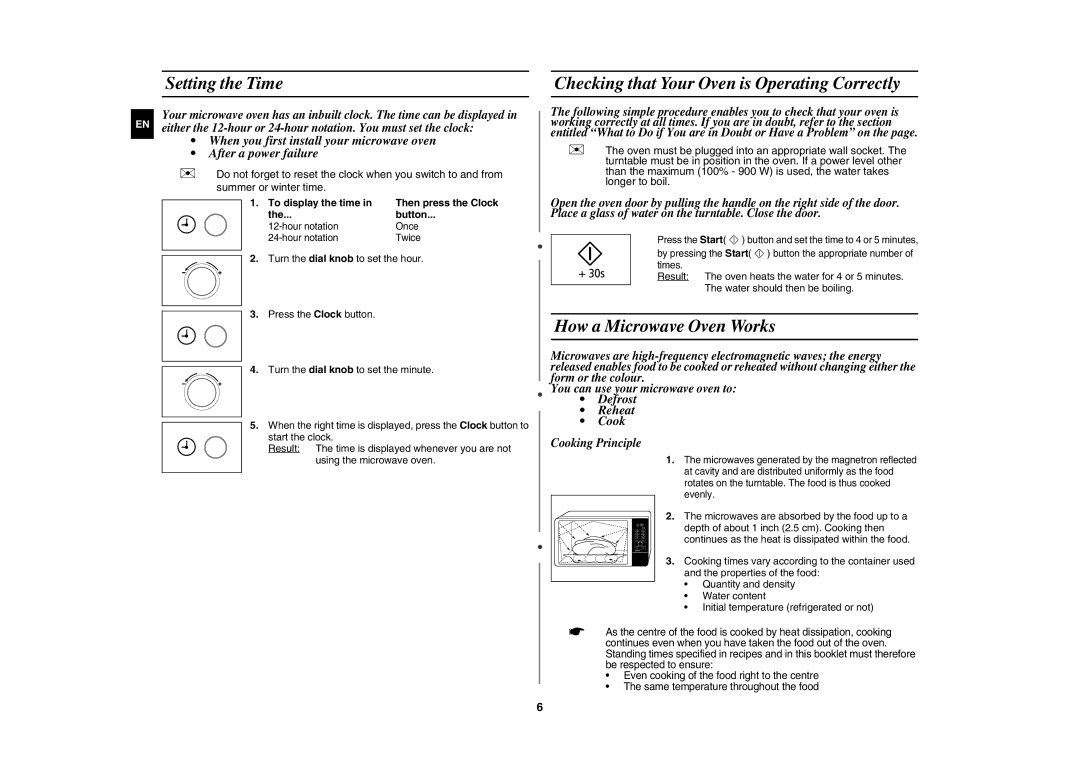 Samsung CE107MTST/XEU Setting the Time, Checking that Your Oven is Operating Correctly, How a Microwave Oven Works, Button 