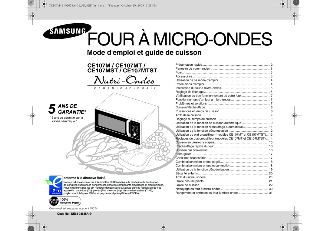 Samsung CE107M-S/XEF, CE107MT/XEF, CE107M-3B/XEF, CE107MT-3B/XEF manual Four À MICRO-ONDES, Code No. DE68-03638A-0 