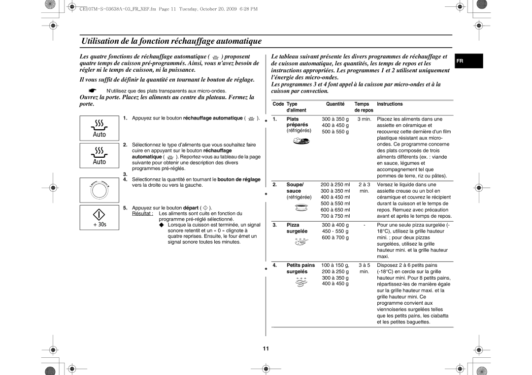 Samsung CE107MT-3B/XEF, CE107MT/XEF, CE107M-S/XEF, CE107M-3B/XEF manual Utilisation de la fonction réchauffage automatique 