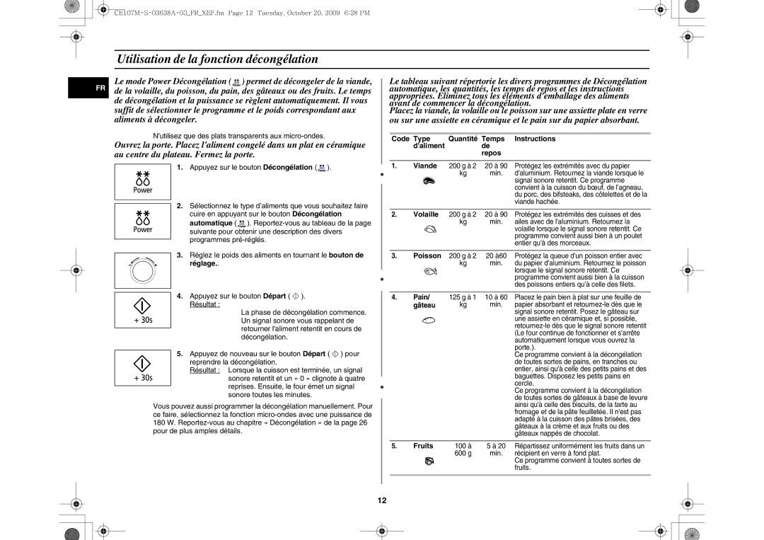 Samsung CE107MT/XEF Utilisation de la fonction décongélation, Code Type Quantité Temps Instructions Daliment Repos Viande 