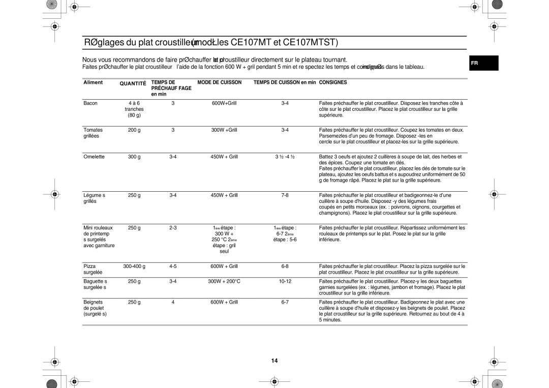 Samsung CE107M-3B/XEF manual Réglages du plat croustilleur modèles CE107MT et CE107MTST, Temps DE Cuisson en min Consignes 