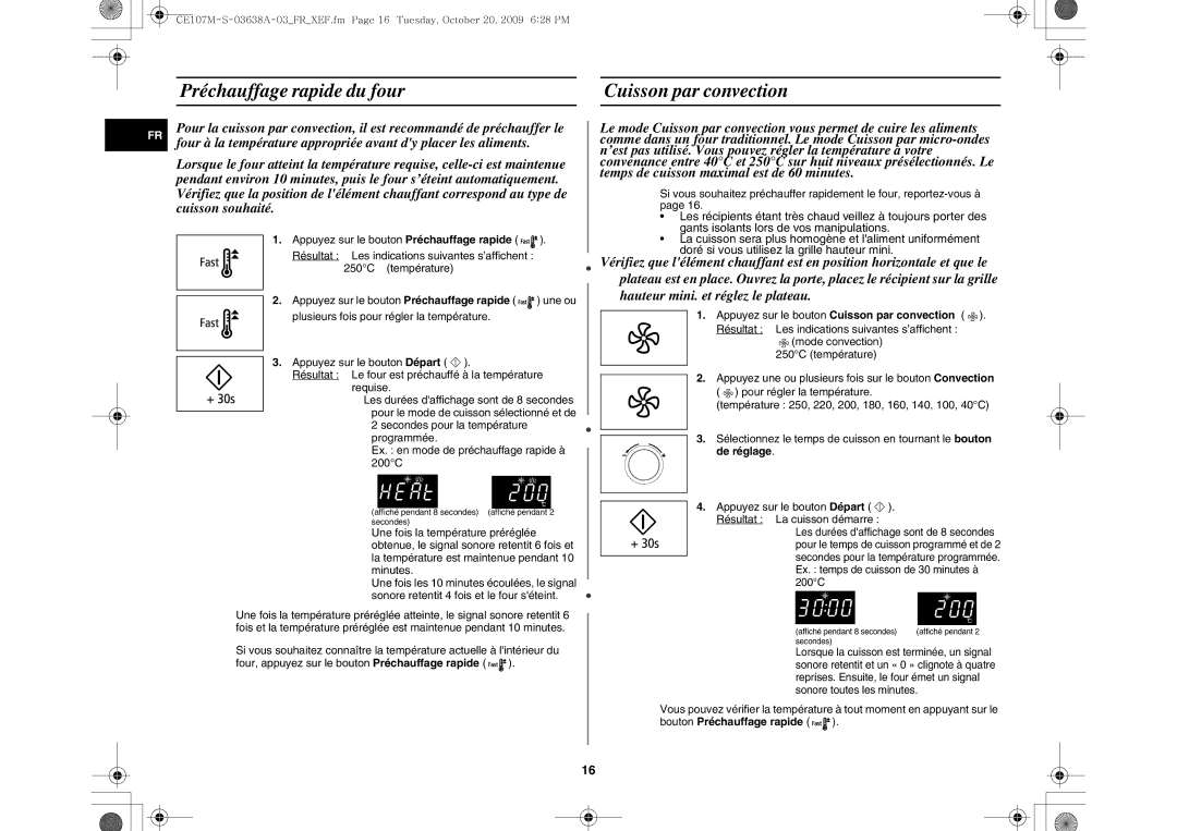 Samsung CE107MT/XEF, CE107M-S/XEF, CE107M-3B/XEF, CE107MT-3B/XEF manual Préchauffage rapide du four Cuisson par convection 