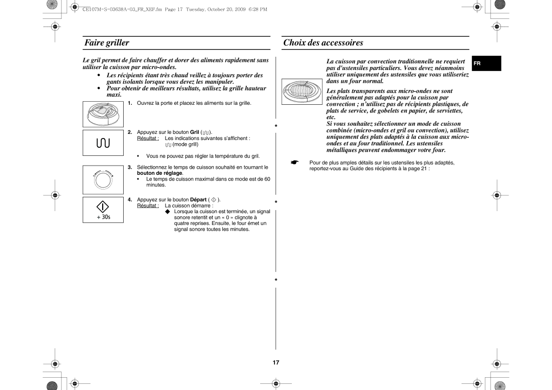 Samsung CE107M-S/XEF, CE107MT/XEF, CE107M-3B/XEF, CE107MT-3B/XEF manual Faire griller Choix des accessoires, Bouton de réglage 