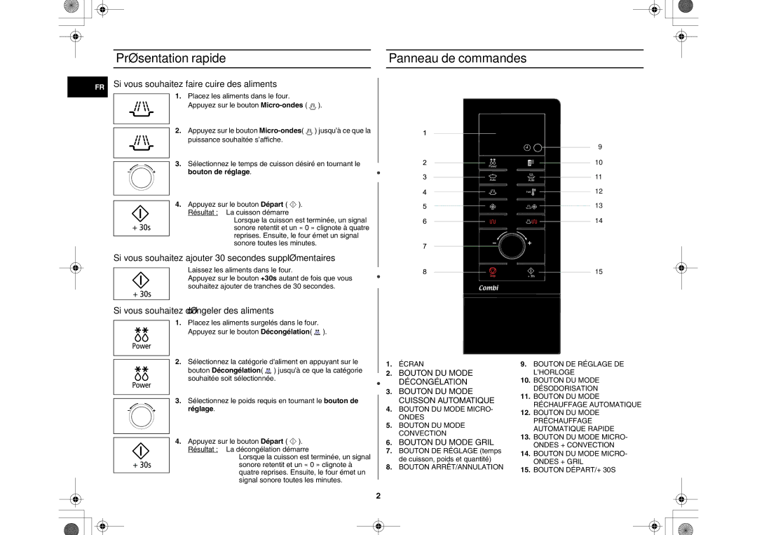 Samsung CE107M-3B/XEF manual Présentation rapide Panneau de commandes, Bouton de réglage, Laissez les aliments dans le four 