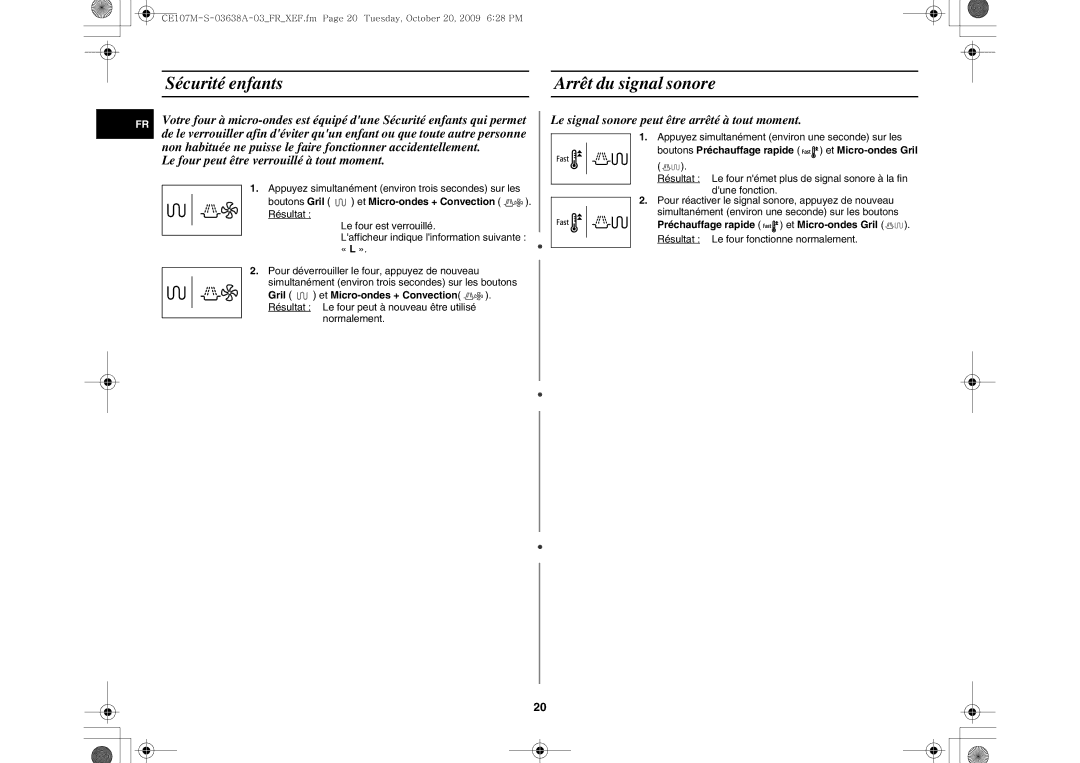 Samsung CE107MT/XEF manual Sécurité enfants Arrêt du signal sonore, Boutons Gril et Micro-ondes + Convection . Résultat 