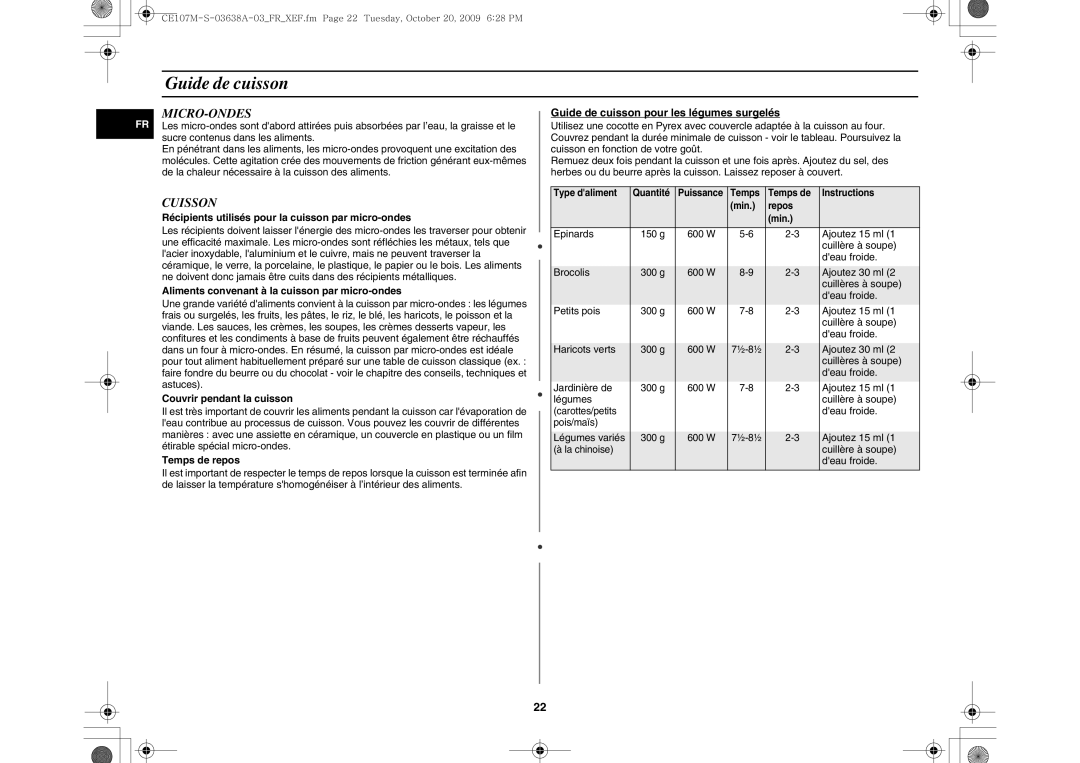 Samsung CE107M-3B/XEF, CE107MT/XEF, CE107M-S/XEF, CE107MT-3B/XEF manual Guide de cuisson, Micro-Ondes, Cuisson 