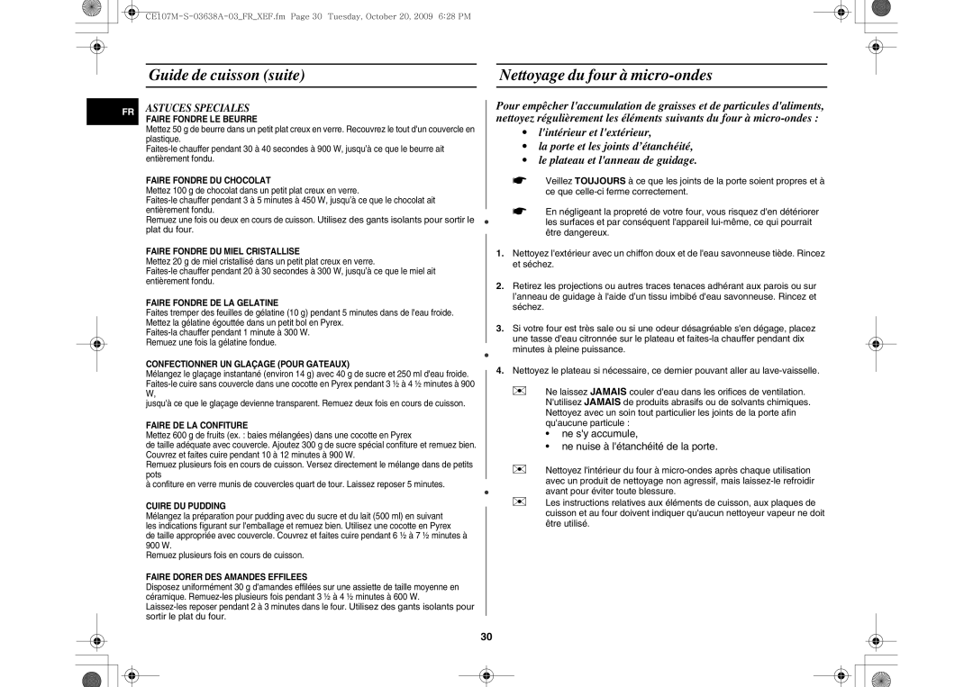 Samsung CE107M-3B/XEF, CE107MT/XEF, CE107M-S/XEF Guide de cuisson suite Nettoyage du four à micro-ondes, Astuces Speciales 