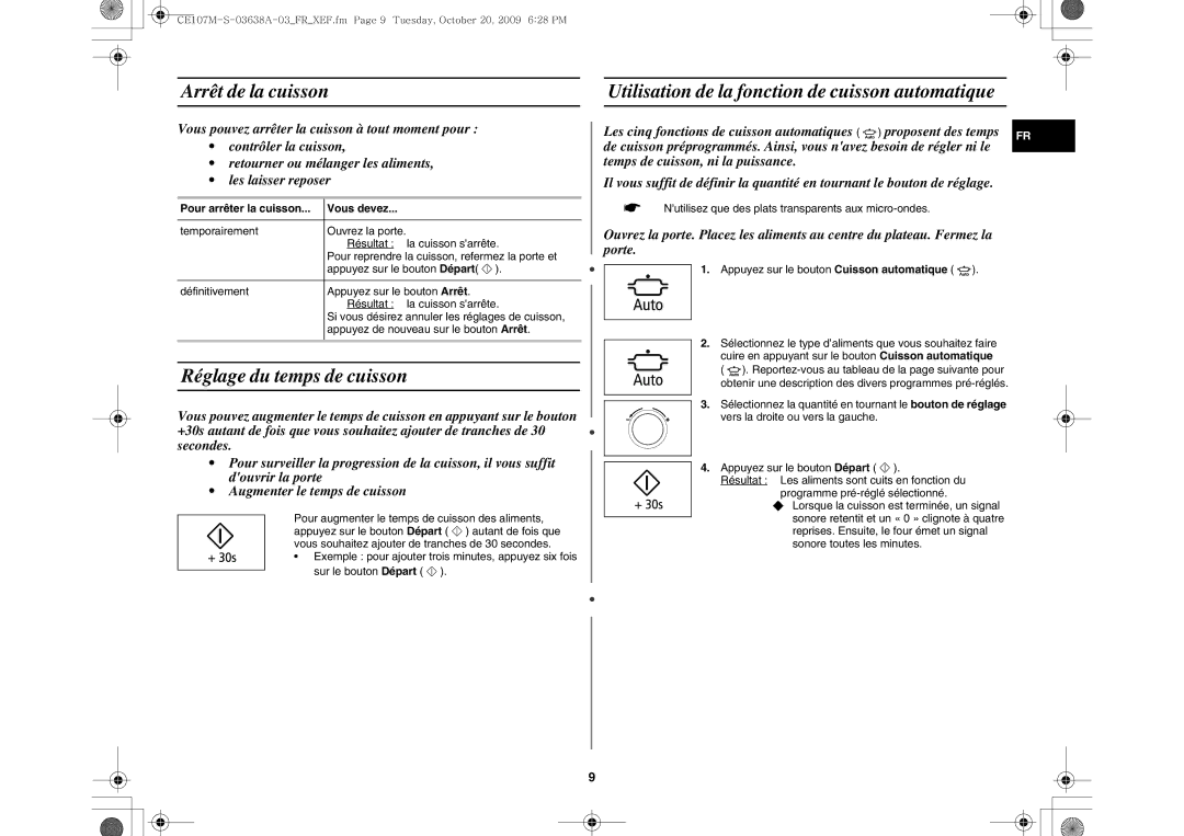 Samsung CE107M-S/XEF, CE107MT/XEF Arrêt de la cuisson, Réglage du temps de cuisson, Pour arrêter la cuisson Vous devez 