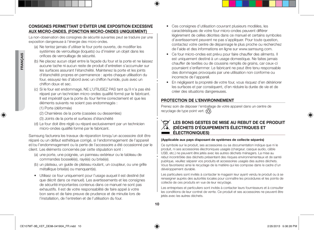 Samsung CE107MT/XEF, CE107MT-3B/XEF manual Protection de l’environnement 