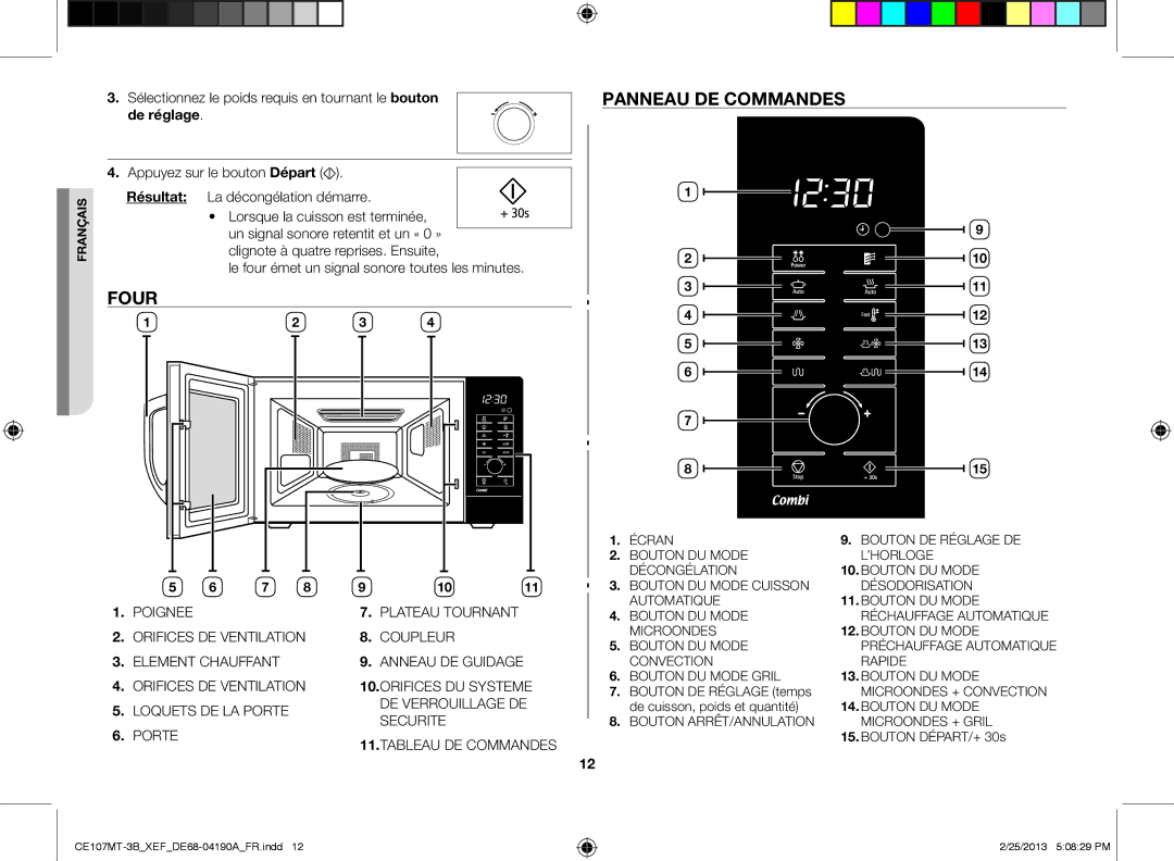 Samsung CE107MT/XEF manual Four Panneau de commandes, De réglage, Bouton DE Réglage temps, De cuisson, poids et quantité 