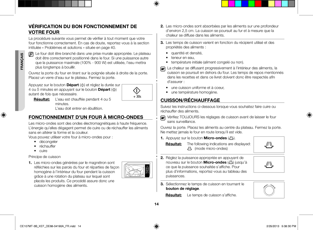 Samsung CE107MT/XEF manual Vérification du bon fonctionnement de votre four, Fonctionnement d’un four à micro-ondes 