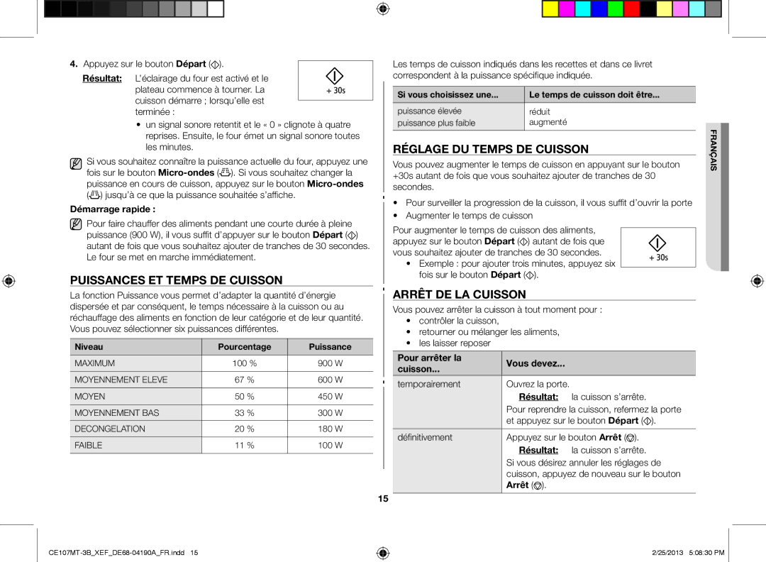 Samsung CE107MT-3B/XEF, CE107MT/XEF manual Puissances et temps de cuisson, Réglage du temps de cuisson, Arrêt de la cuisson 