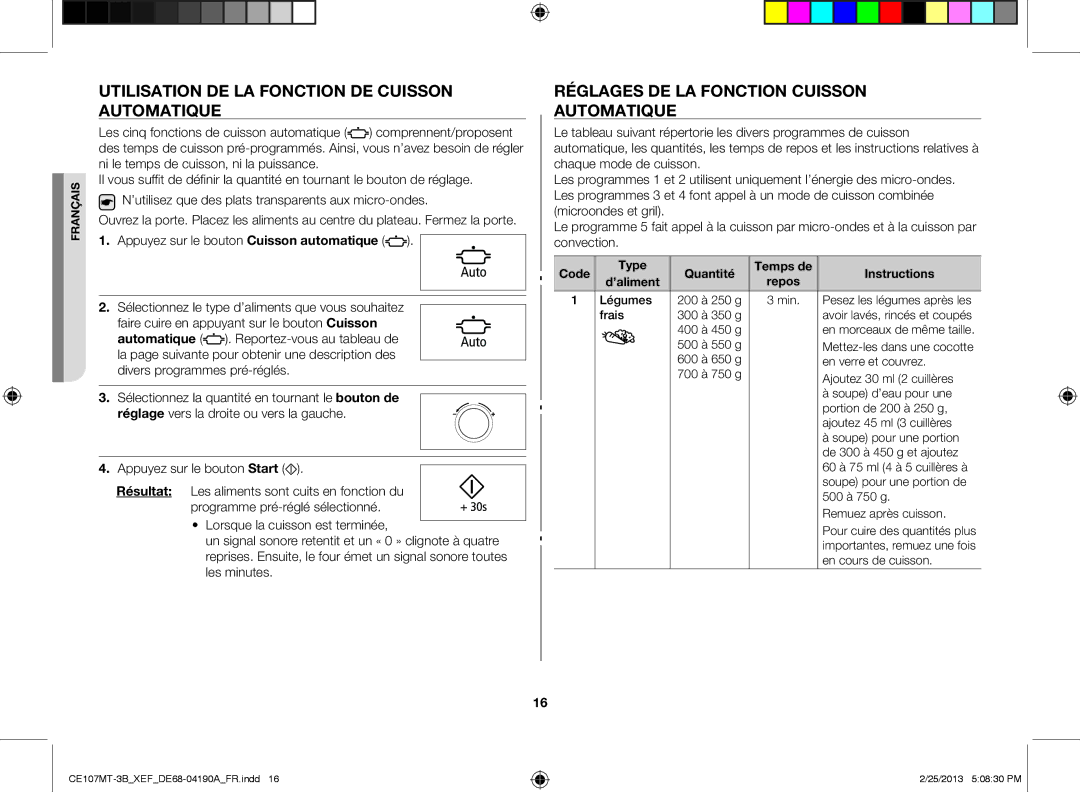 Samsung CE107MT/XEF manual Utilisation de la fonction de cuisson automatique, Réglages de la fonction cuisson automatique 